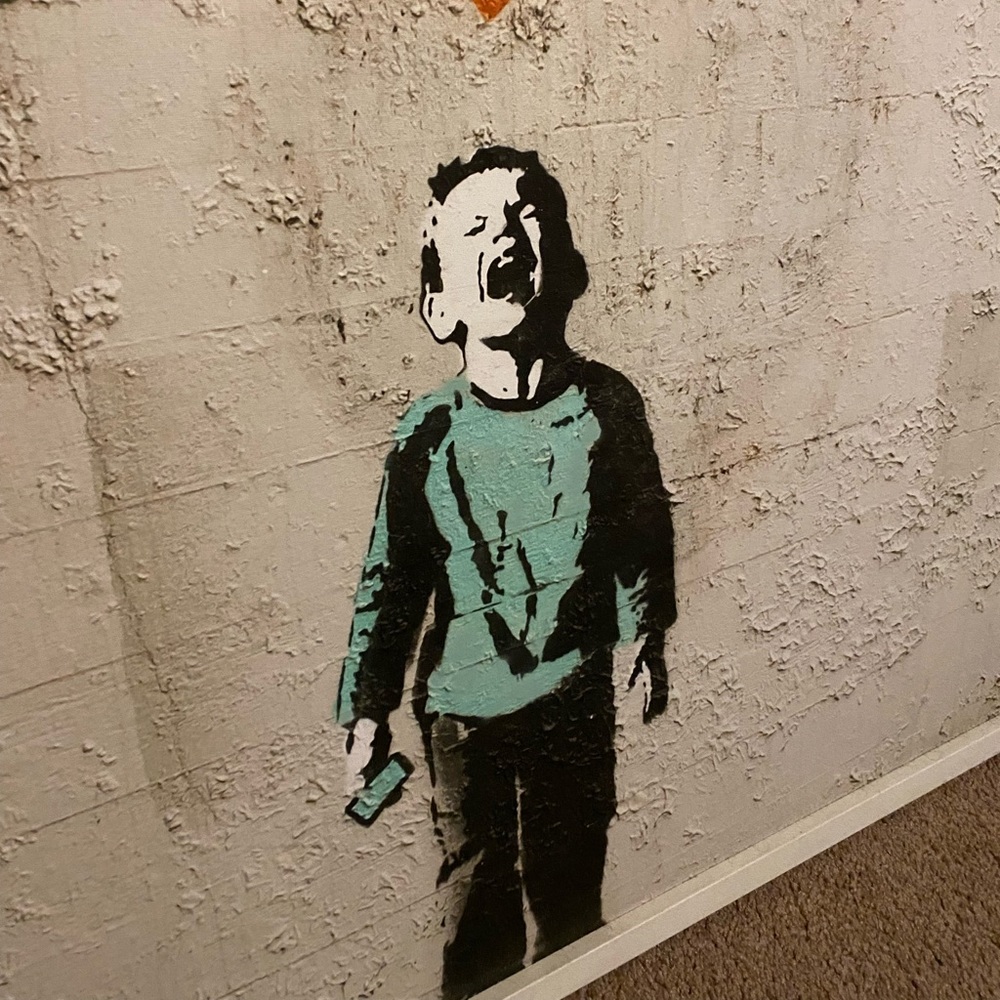 BANKSY CANVASS. 41 3/4 x 31 3/4. Grey/mint